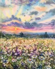 Watercolor beautiful rural landscape with sunrise and blossoming meadow. Purple, white flowers flowering on summer field. Happy new day concept. Vertical view, copy-space. Template for designs , card.