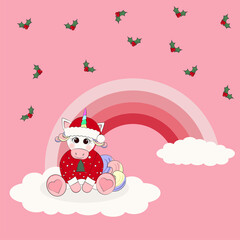 cute unicorn in a christmas sweater with a tree in a christmas hat wishes a happy new year and merry christmas