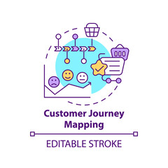 Customer journey mapping concept icon. Digital consulting idea thin line illustration. Collecting data from clients. Customers motivations. Vector isolated outline RGB color drawing. Editable stroke