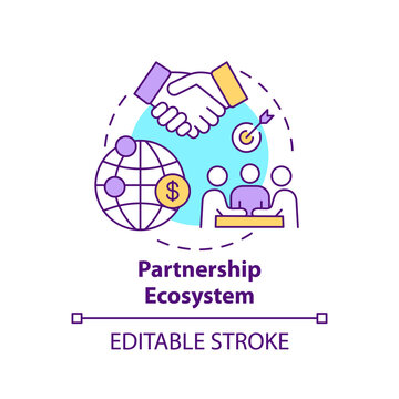 Partnership Ecosystem Concept Icon. Digital Consulting Component Idea Thin Line Illustration. Company Distribution Strategy. Collaboration. Vector Isolated Outline RGB Color Drawing. Editable Stroke