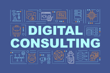 Fototapeta na wymiar Business consulting word concepts banner. Infographics with linear icons on blue background. Creating algorithm for building successful work isolated typography. Vector outline RGB color illustration