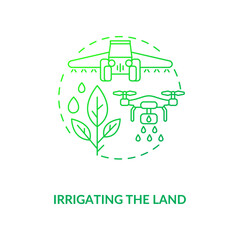 Irrigating the land concept icon. Agriculture machines tasks. Applying controlled amounts of fresh water to treat plants idea thin line illustration. Vector isolated outline RGB color drawing