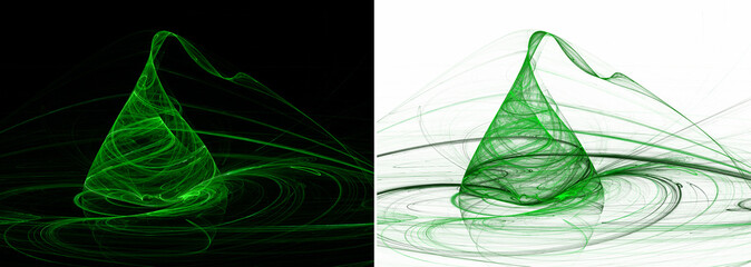 Green Christmas trees in the form of a vortex on a black and white backgrounds. Set of abstract fractal backgrounds with fir trees. 3d rendering. 3d illustration.