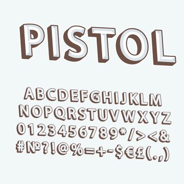 Pistol vintage 3d vector alphabet set. Retro bold font, typeface. Pop art stylized lettering. Old school style letters, numbers, symbols pack. 90s, 80s creative typeset design template