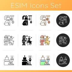 Homeware and furniture icons set. Easter decorations. Santa Claus and reindeer. Candles and candle holders. Seasonal spring decor. Linear, black and RGB color styles. Isolated vector illustrations