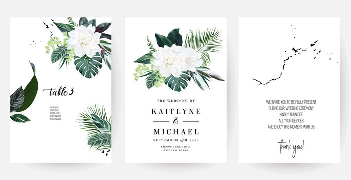 White gardenia, hibiscus, green monstera, palm tropical leaves vector design cards
