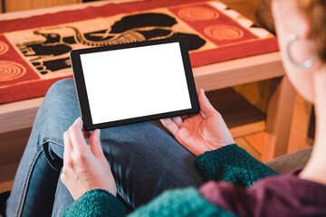 woman looking holding tablet mockup