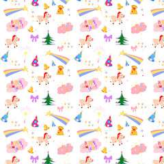 Pattern with Christmas trees and cow and stars