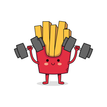 Cute Fries Cartoon Character Weightlifting