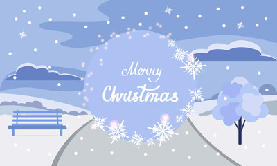 Fototapeta na wymiar Merry Christmas. Vector illustration of a winter park. Winter landscape. Winter snowy Christmas background. Christmas greeting card