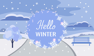 Fototapeta na wymiar Winter Christmas background or banner, poster or greeting card with text Hello Winter. Vector illustration of a winter park landscape