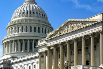 Capitol Hill in Washington DC with dome and colonnade with daylight and facade details
