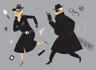 Elderly couple playing secret agents, spy tools on the background, EPS8 vector illustration