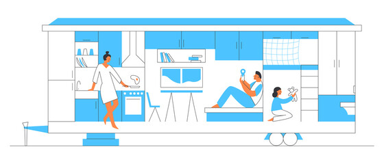 Tiny house with kitchen, bedroom, living room. Small home for family. Happy people in compact space concept. Vector flat hand drawn illustration. Design for web sites, cards, posters, advert.