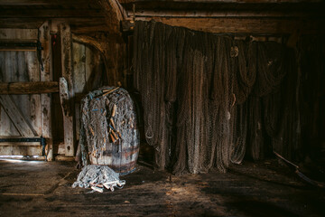 Fishing nets in wooden barn