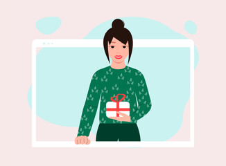 Girl passes a gift for New Year or Christmas through the screen. Give a gift online. Virtual meeting with friends. New reality, stay home. Vector illustration.