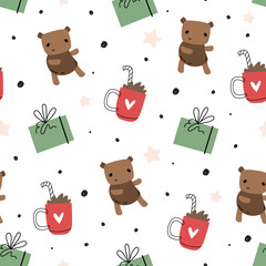 Christmas vector seamless pattern. Bears, gifts, and cocoa. Hand-drawn simple design - 392308501
