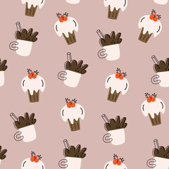 Christmas vector seamless pattern. Cocoa, cupcake. Hand-drawn simple design
