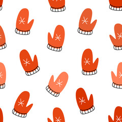 Christmas vector seamless pattern. Mittens with a snowflake. Hand-drawn simple design