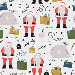 Christmas vector seamless pattern. Gift bag, Santa Claus, gifts, decorations. Hand-drawn simple design - 392308712