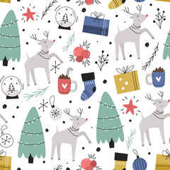 Christmas vector seamless pattern. Deer, mistletoe, gifts, decorations, Christmas tree branches, socks, star, glass ball. Hand-drawn simple design