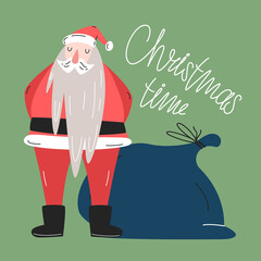 Santa Claus, gift bag, lettering. Vector illustration in hand-drawn style, minimalism, simple design