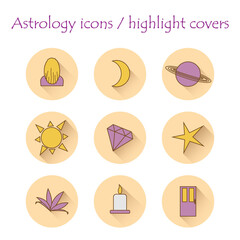set of astrological icons, covers the highlights of astrology. Vector flat illustration.