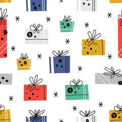 Christmas vector seamless pattern. Various gifts. Hand-drawn simple design