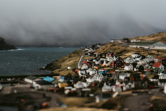 Small fjord town on cloudy day