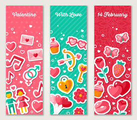 Valentines Vertical Banners Set With Flat Icons. Vector illustration. Happy Valentine's Day greeting card. Love concept stickers. Cupid bow, gender sign, couple, sweet cupcake, love letter.
