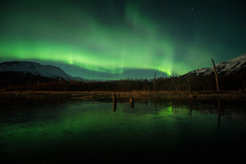 Portage Pond with Aurora band over Alaska mountains.