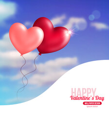 Valentine heart shaped balloons in blue sky with clouds. Vector illustration. Symbol of love. Beautiful Valentine's day background.