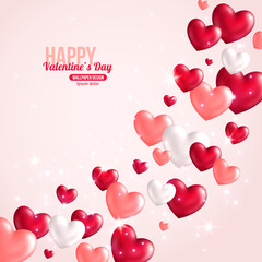 Valentines Day Card Design with Hearts for Holiday Design. Vector Illustration. Flying Shining Hearts. Lights and Sparkles.