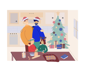 Happy homosexual family with son and daughter celebrate christmas. Lgbt couple with children cook together during winter at home with christmas tree. Gay male parents with kids. Flat illustration.
