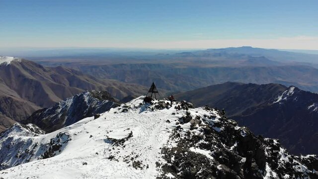 MOROCCO - CIRCA 2020 - Drone footage of summit of Mount Toubkal in the Atlas Mountains, Morocco