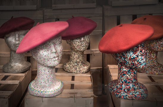 Still life of Traditional hat in Basque Country, call "Benet" or "boina", at Spain, on wooden boxes. Vintage style.