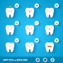 White teeth with flat dental icons. Long shadow. Cute vector characters. Speech bubble. Illustration for children dentistry about toothache and treatment. Web site icons.
