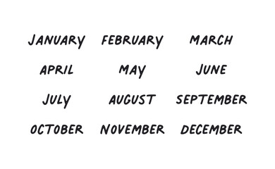 Fototapeta premium Handwritten names of months: December, January, February, March, April, May, June, July, August, September, October, November. Calligraphy words for calendars and organizers.