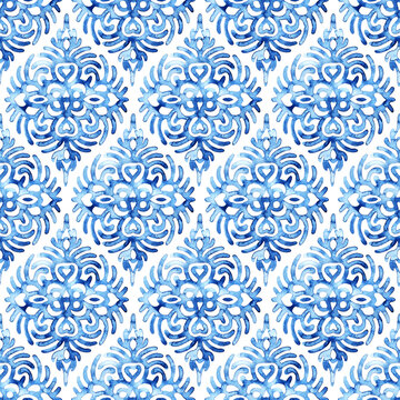 Seamless blue and white watercolor pattern. Ogee ornament drawn by paints on paper. Print for textiles, home decor, packaging. Bohemian fashionable ornament.