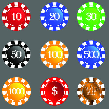 A set of casino chips. Isolated objects. Vector image.
