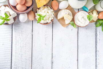 Set of Various Fresh Dairy Products - milk, cottage cheese, cheese, eggs, yogurt, sour cream, butter on wooden background