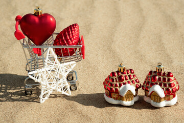  Mini cart close-up with Christmas decorations on the beach