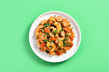 Creole jambalaya with chicken, smoked sausages and vegetables