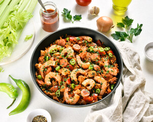Creole jambalaya with chicken, smoked sausages and vegetables