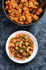 Creole jambalaya with chicken, smoked sausages and vegetables