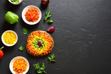 Fototapeta na wymiar Rainbow veggie bell peppers pizza