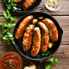 Fried sausages in frying pan