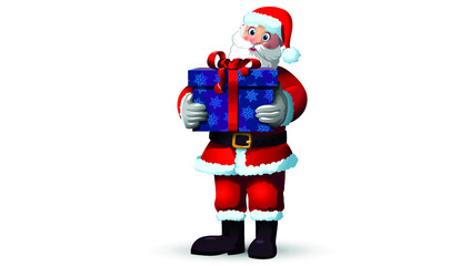 Santa Claus holds a gift box in his hand. White background, isolated. Christmas theme vector illustration.
