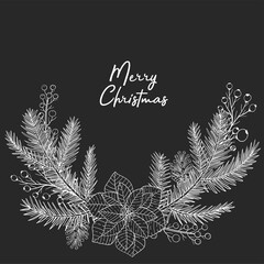 Bw wreath for Christmas and New Year.A tree twig, needles, pine, berry, holly, cotoneaster, spurge, flower, pine cone. Merry christmas lettering. Isolated vector illustrations on black background.