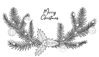 Bw wreath for Christmas and New Year.A tree twig, needles, pine, berry, holly, cotoneaster, flower, balls, baubles, bulbs. Merry christmas lettering. Isolated vector illustrations on black background. © EnyaLis